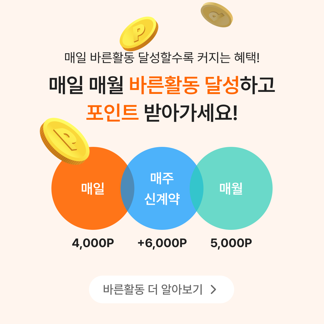 매일 바른활동 달성 할수록 커지는 혜택! 매일매일 바른활동 달성하고 포인트 받아가세요 바른활동 더 알아보기